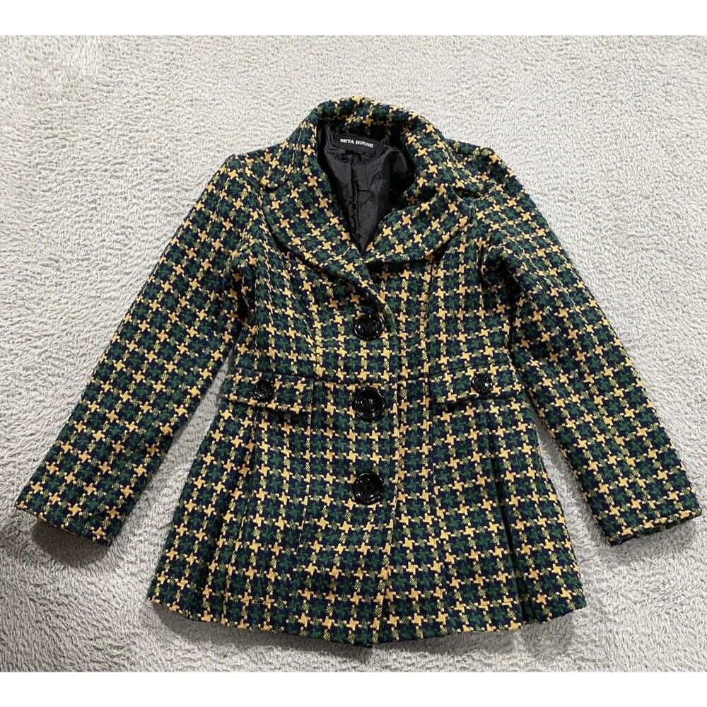 Beta House Jacket Womens Large Green Yellow Houndstooth Plaid Wool Blend Peacoat